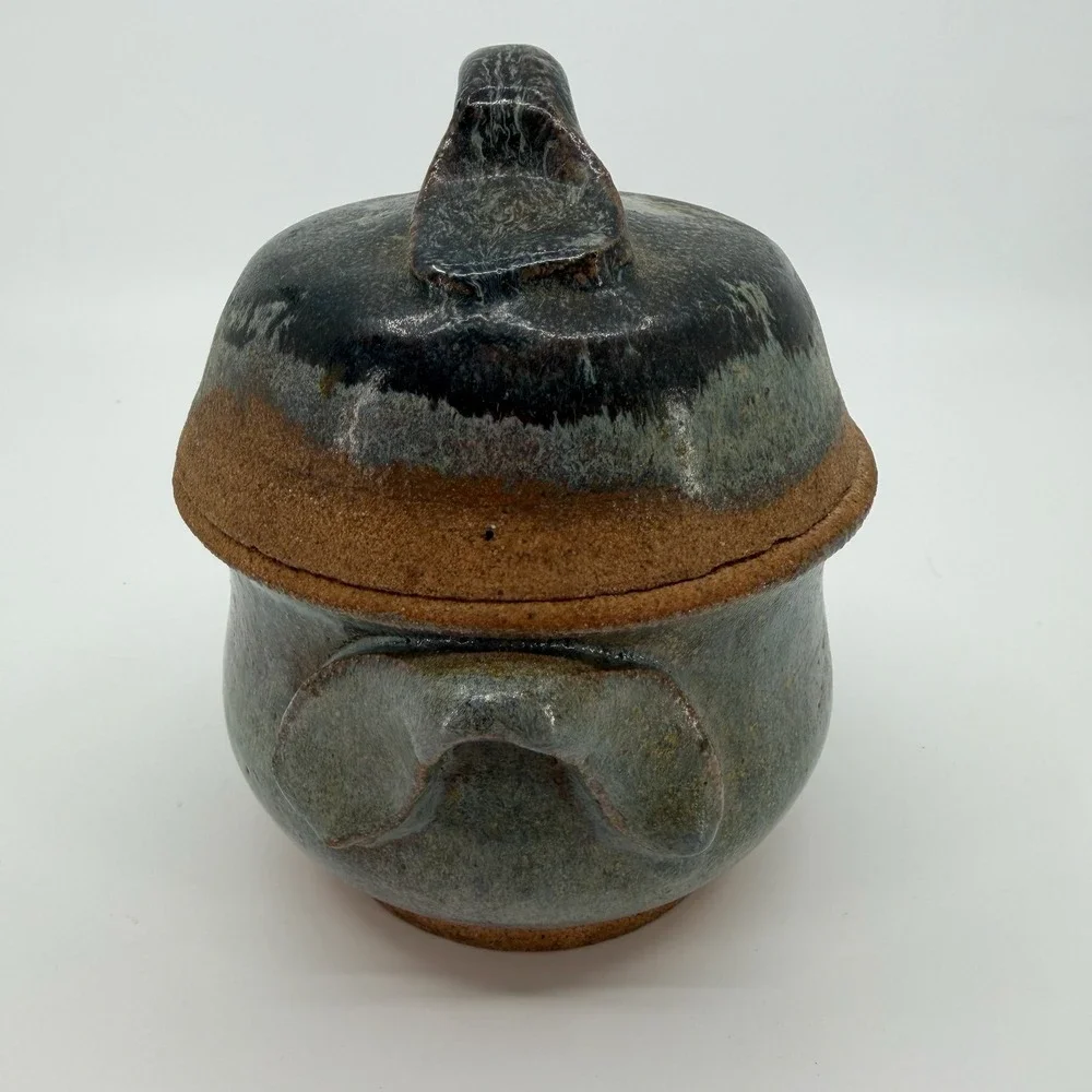 Vtg Studio Pottery Lidded Covered Bowl Handmade Blue Gray Art Pottery Signed